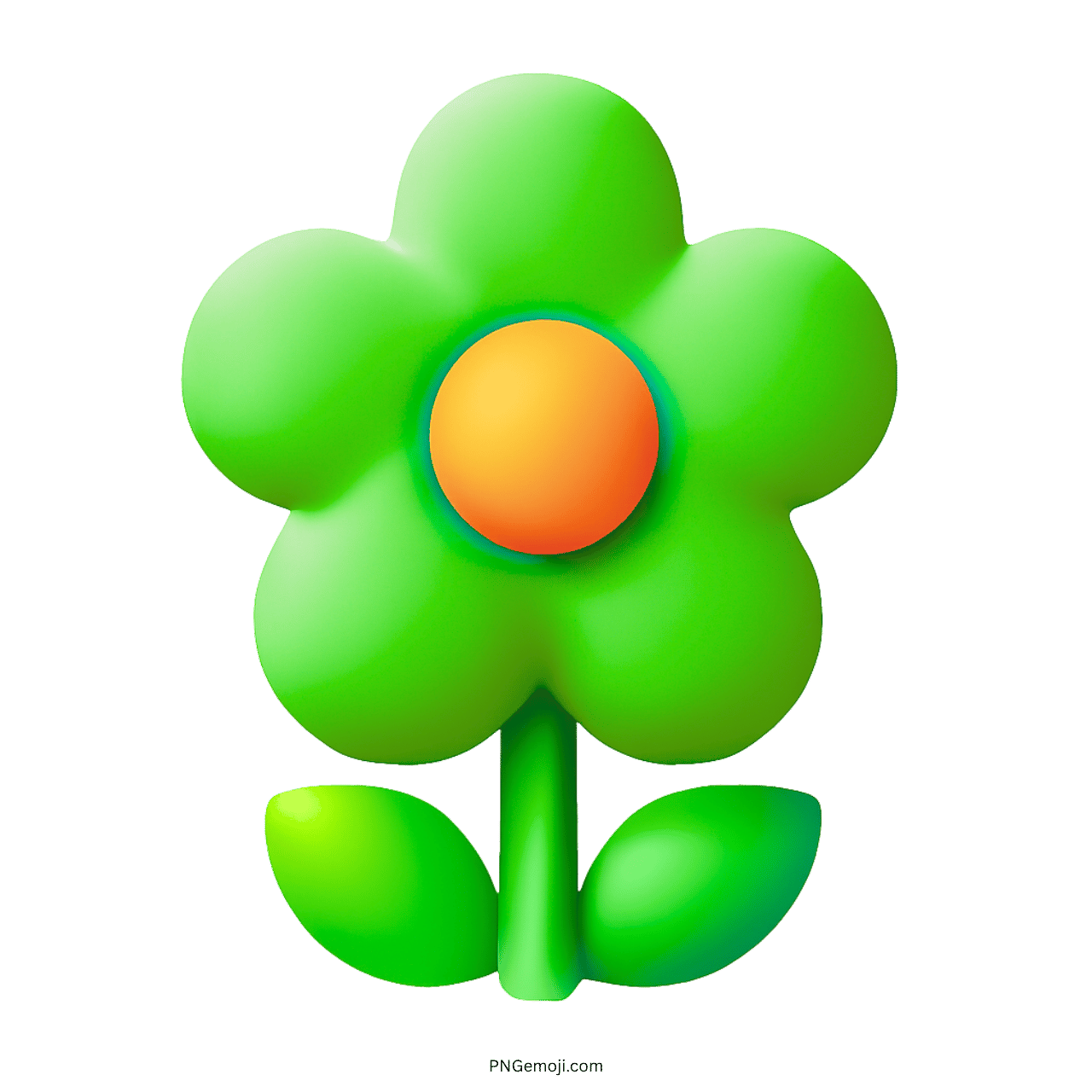 3D Green Blossom Emoji PNG with an orange center and green leaves on a transparent background.