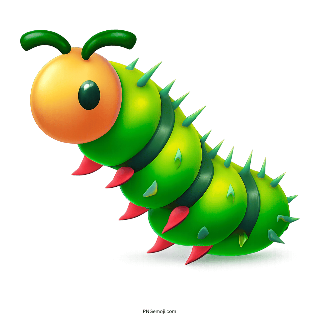 3D green caterpillar emoji with spikes and bright orange face on transparent background