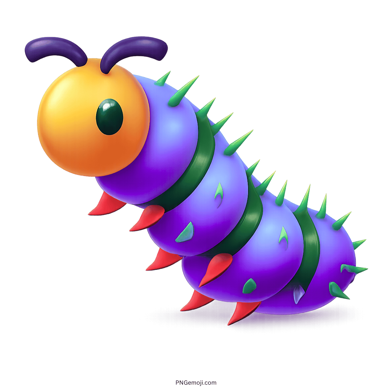 3D purple caterpillar emoji with spiked body and orange face on transparent background