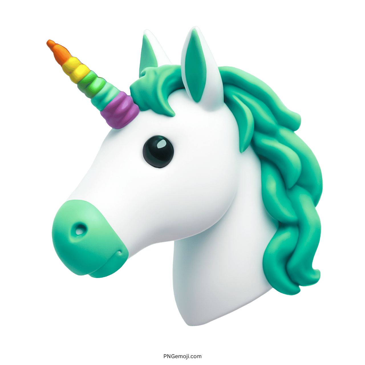 Colorful 3D unicorn emoji with a rainbow horn and green curly mane in transparent background.