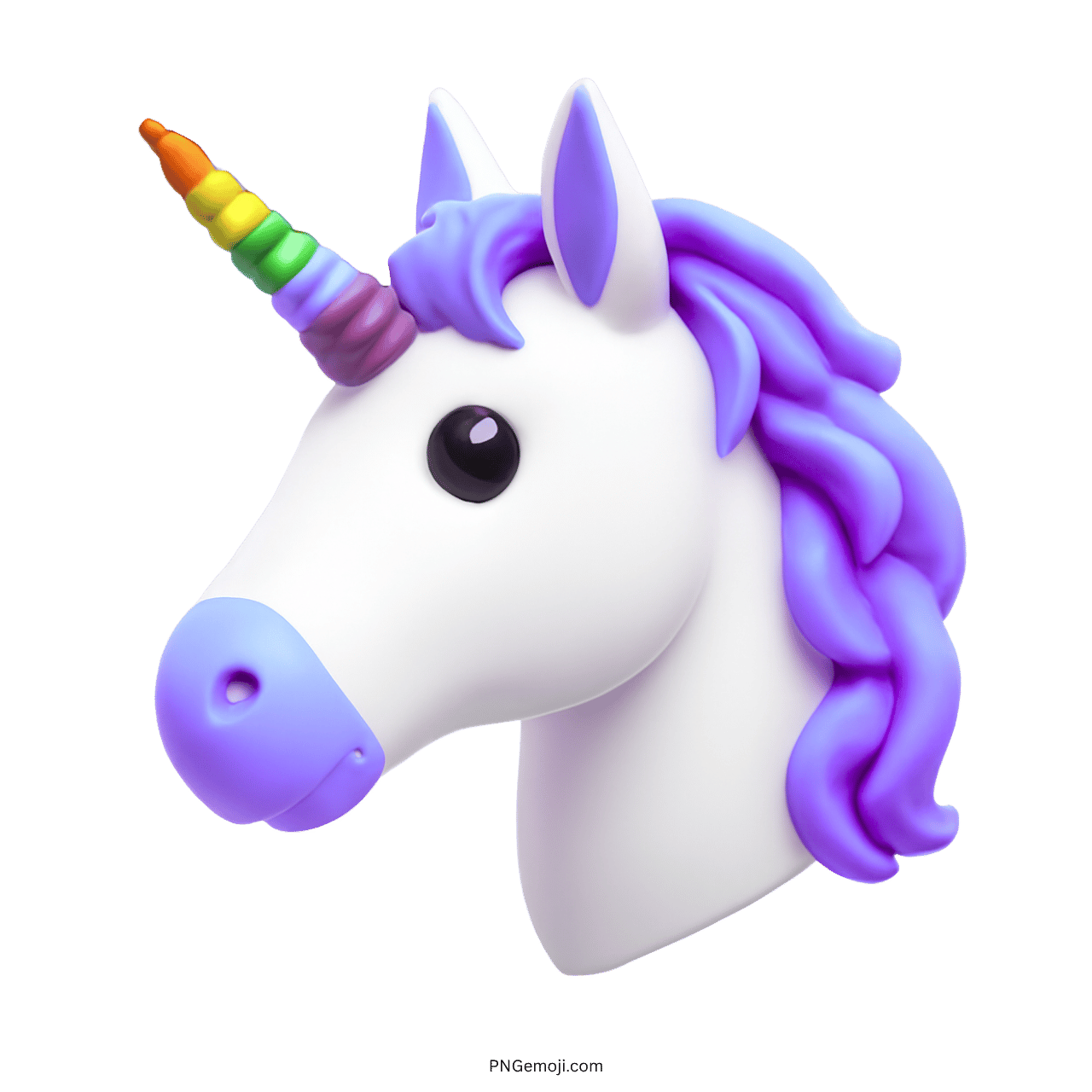 Colorful 3D unicorn emoji with a rainbow horn and purple mane in transparent background.