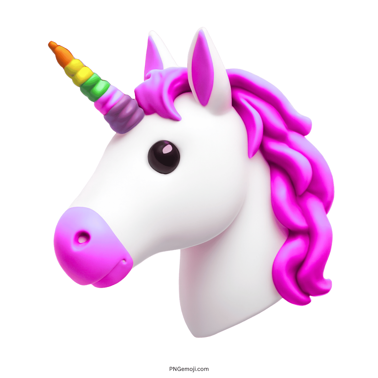 Colorful 3D unicorn emoji with a rainbow horn and pink mane in transparent background.