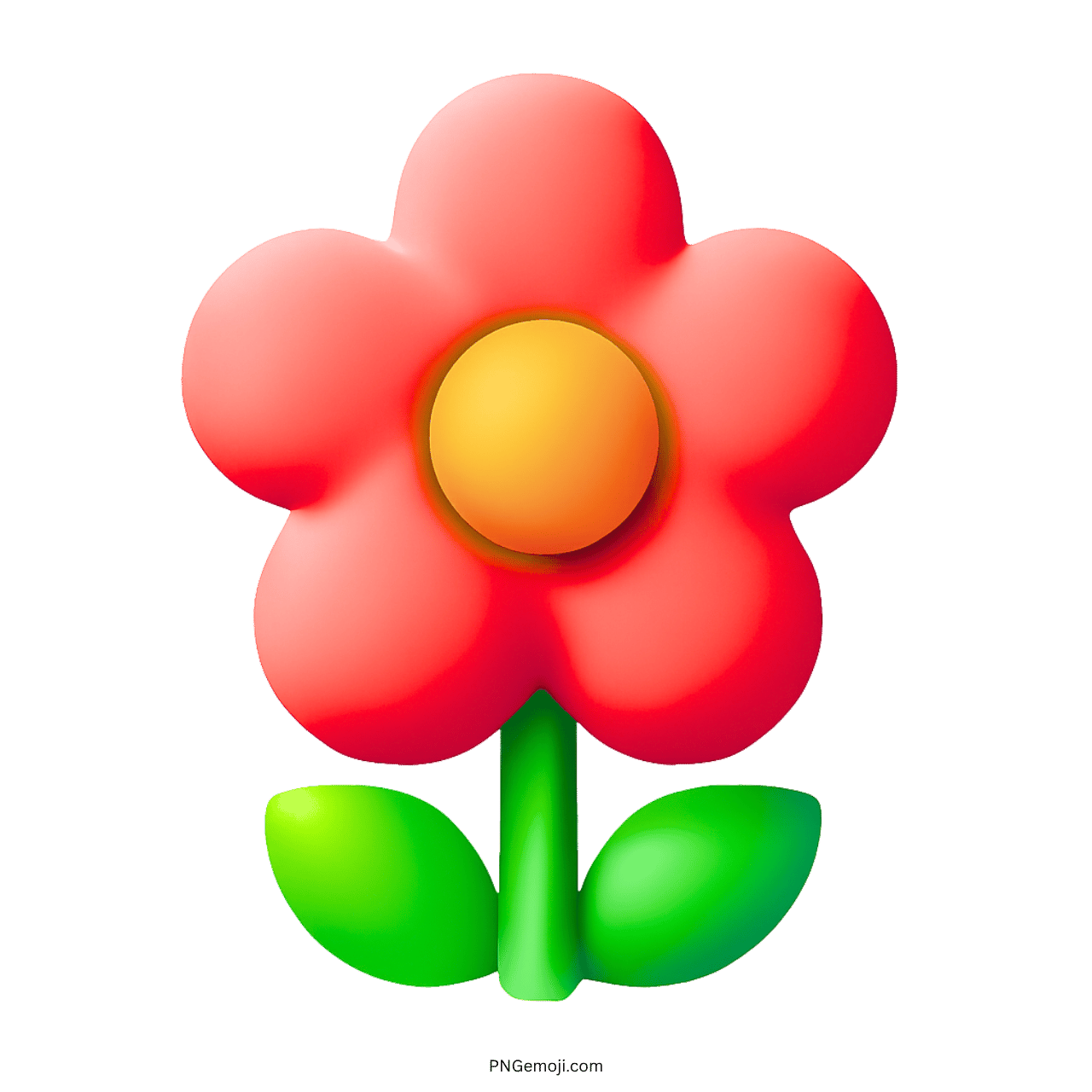 3D Red Blossom Emoji PNG with an orange center and green leaves on a transparent background.