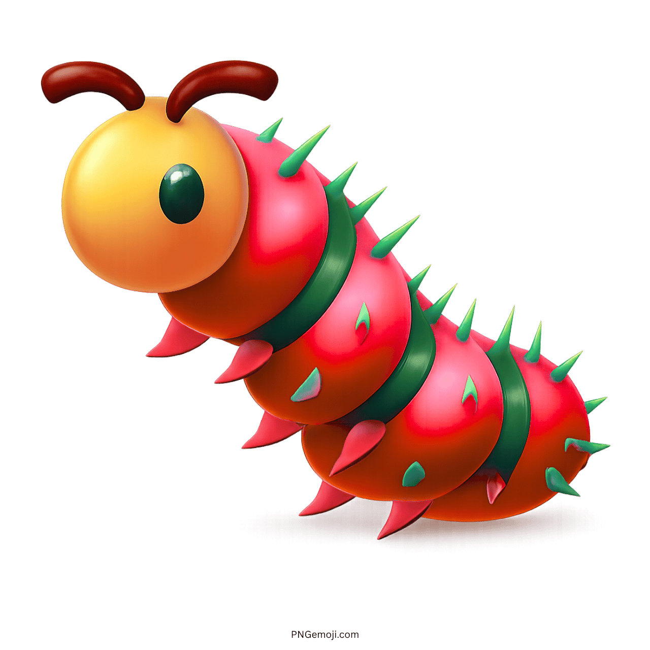 3D red caterpillar emoji with spiked body and orange face on transparent background