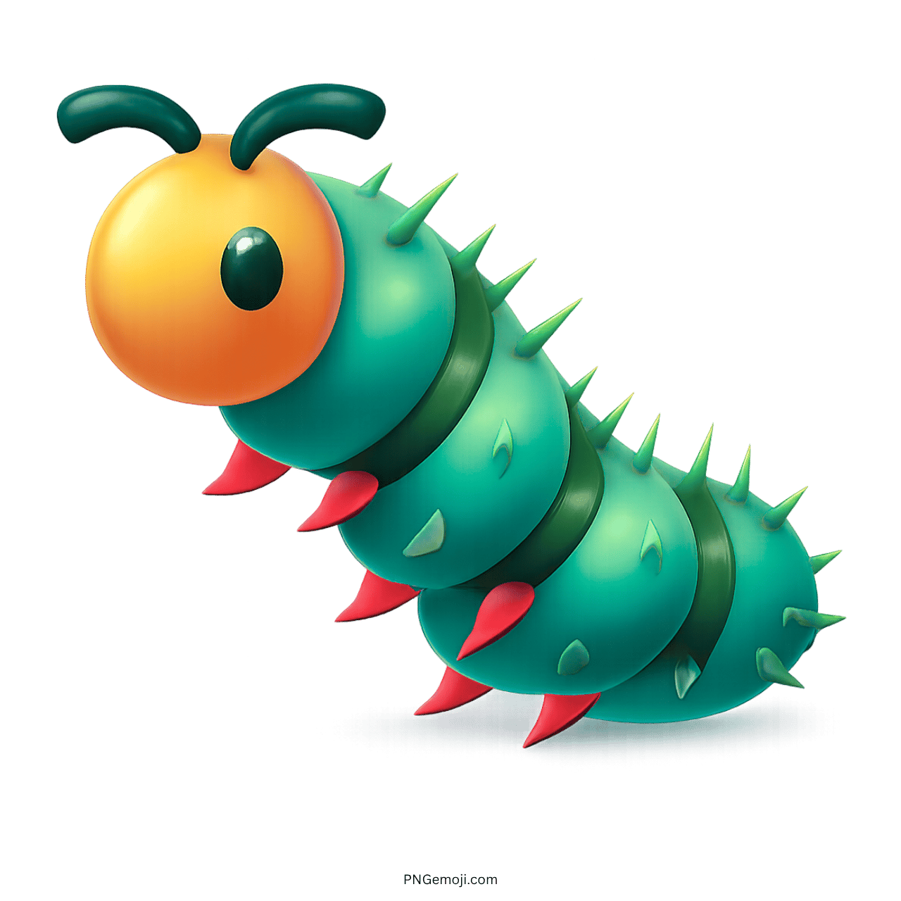 3D teal caterpillar emoji with spiked body and orange face on transparent background