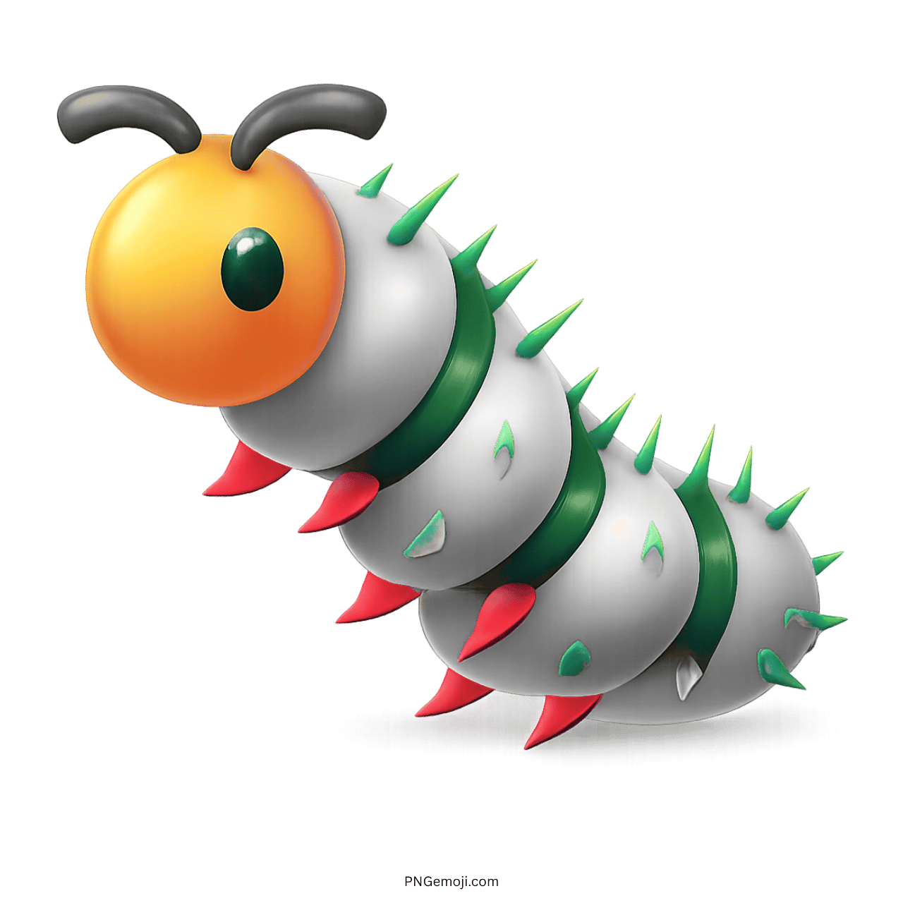 3D white caterpillar emoji with spiked body and orange face on transparent background
