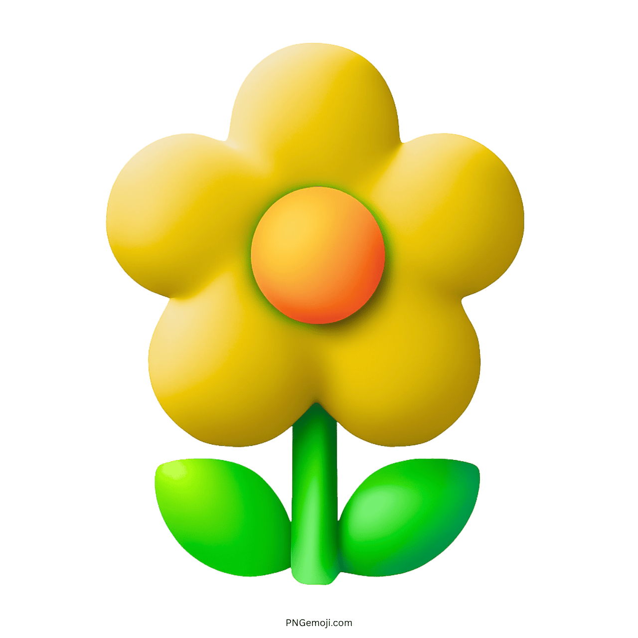 3D Yellow Blossom Emoji PNG with an orange center and green leaves on a transparent background.