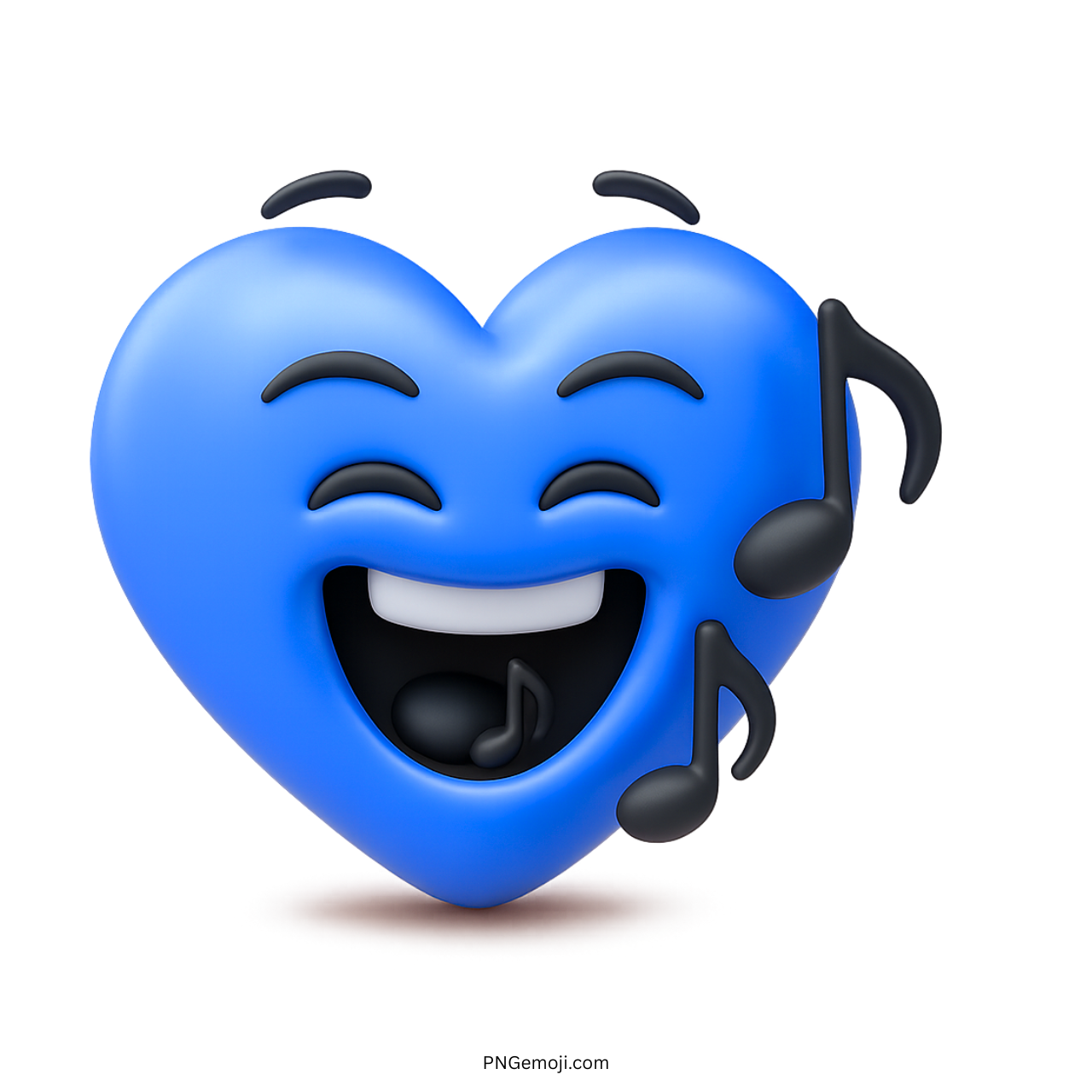 3D blue singing heart emoji with joyful face and musical notes floating around