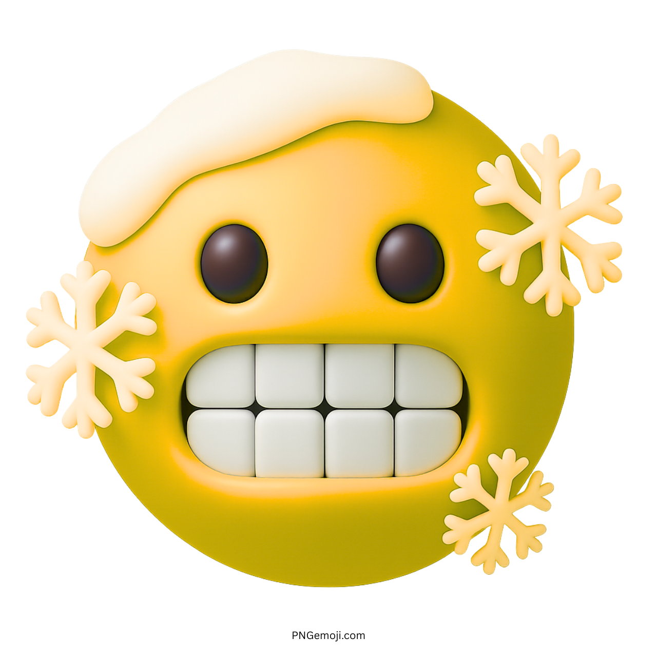3D cold face emoji with snowflakes and frozen expression, yellow face with ice