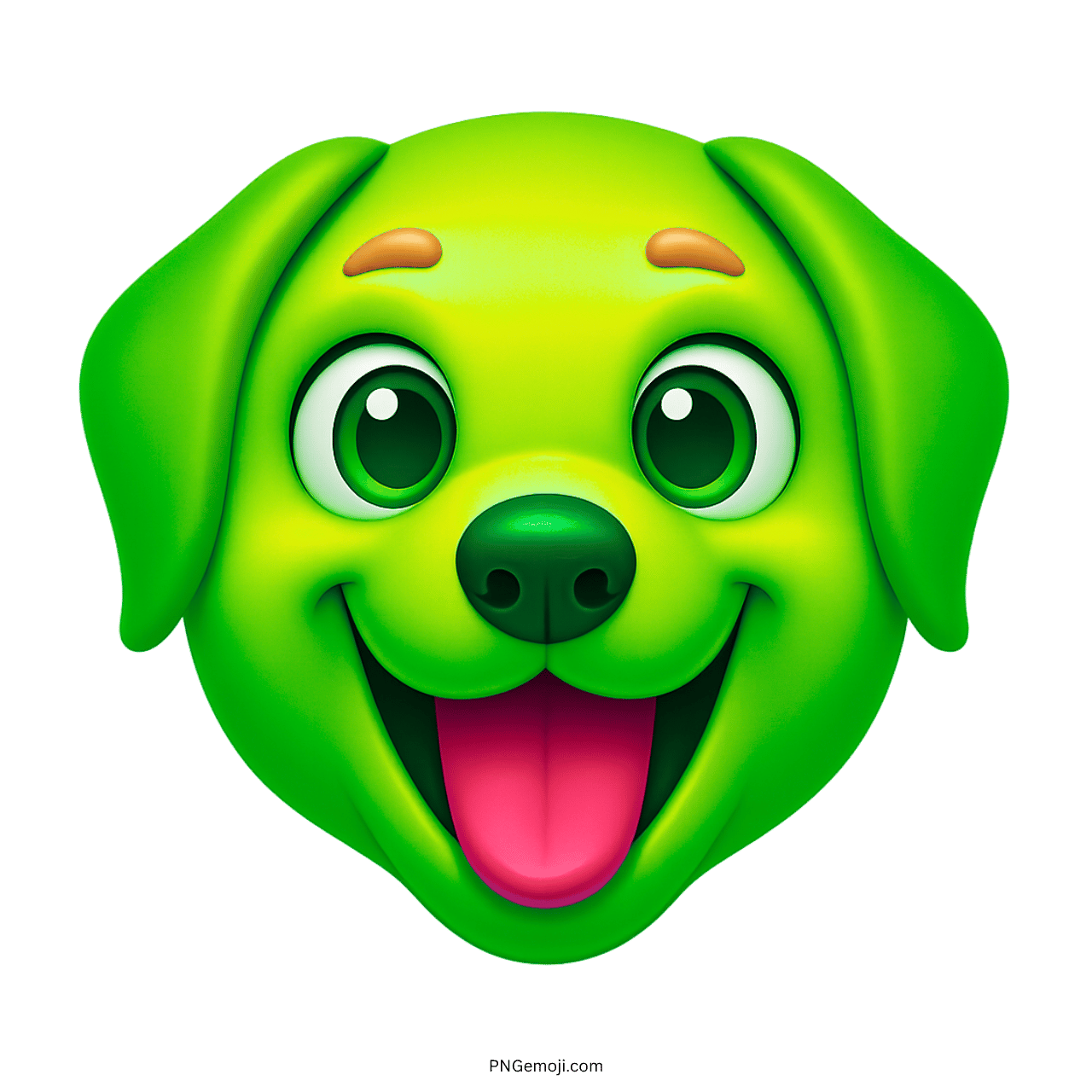 3D green cartoon dog emoji with wide smile, round eyes, and pink tongue