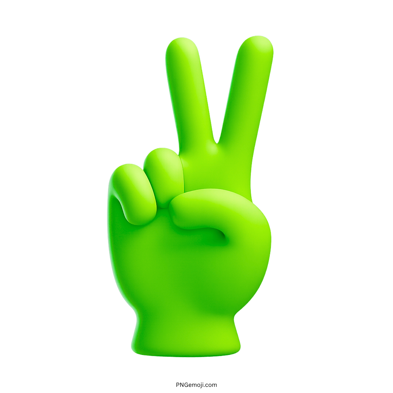 Bright green 3D peace emoji hand showing two fingers on transparent background