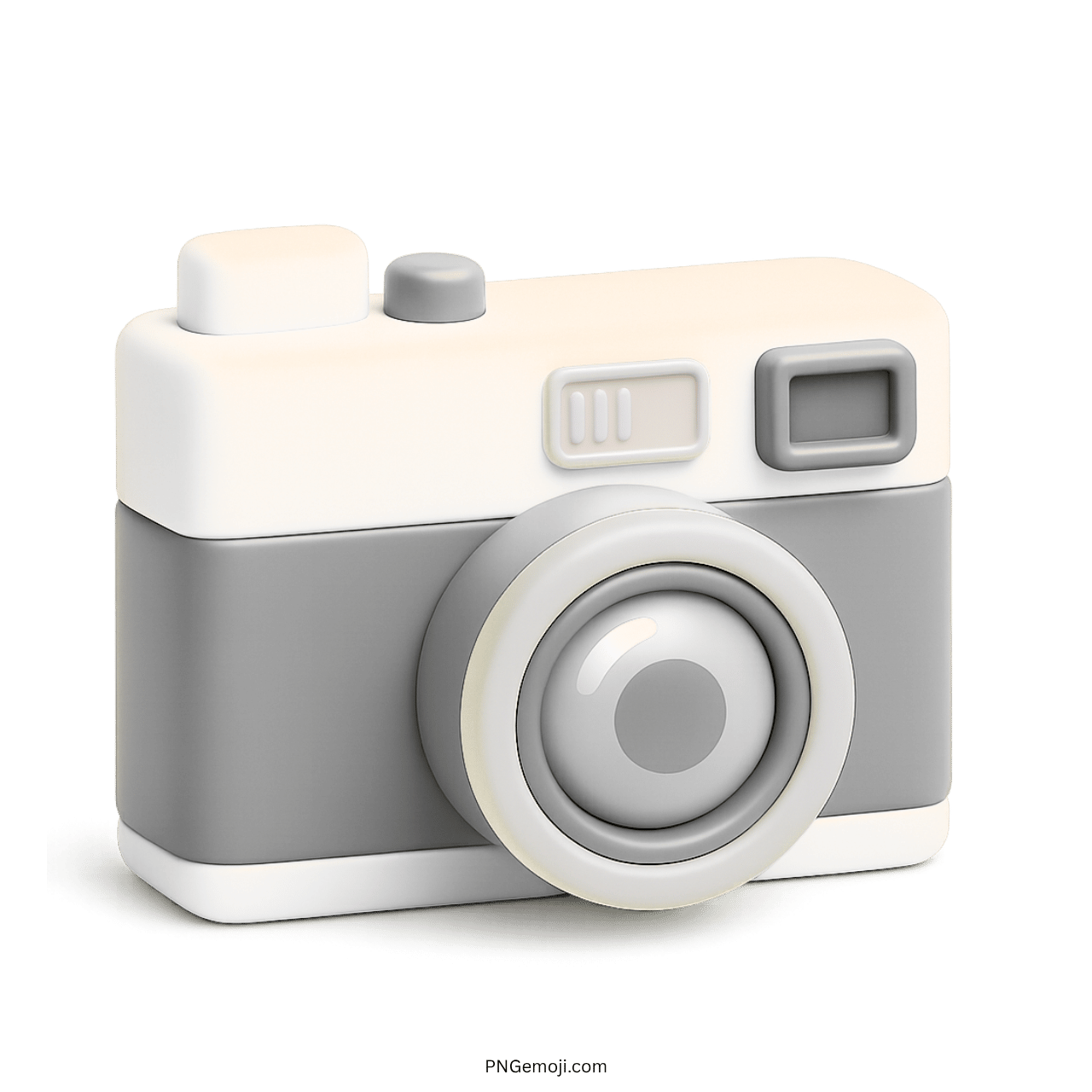 3D grey and white camera emoji icon with round lens and soft shadow