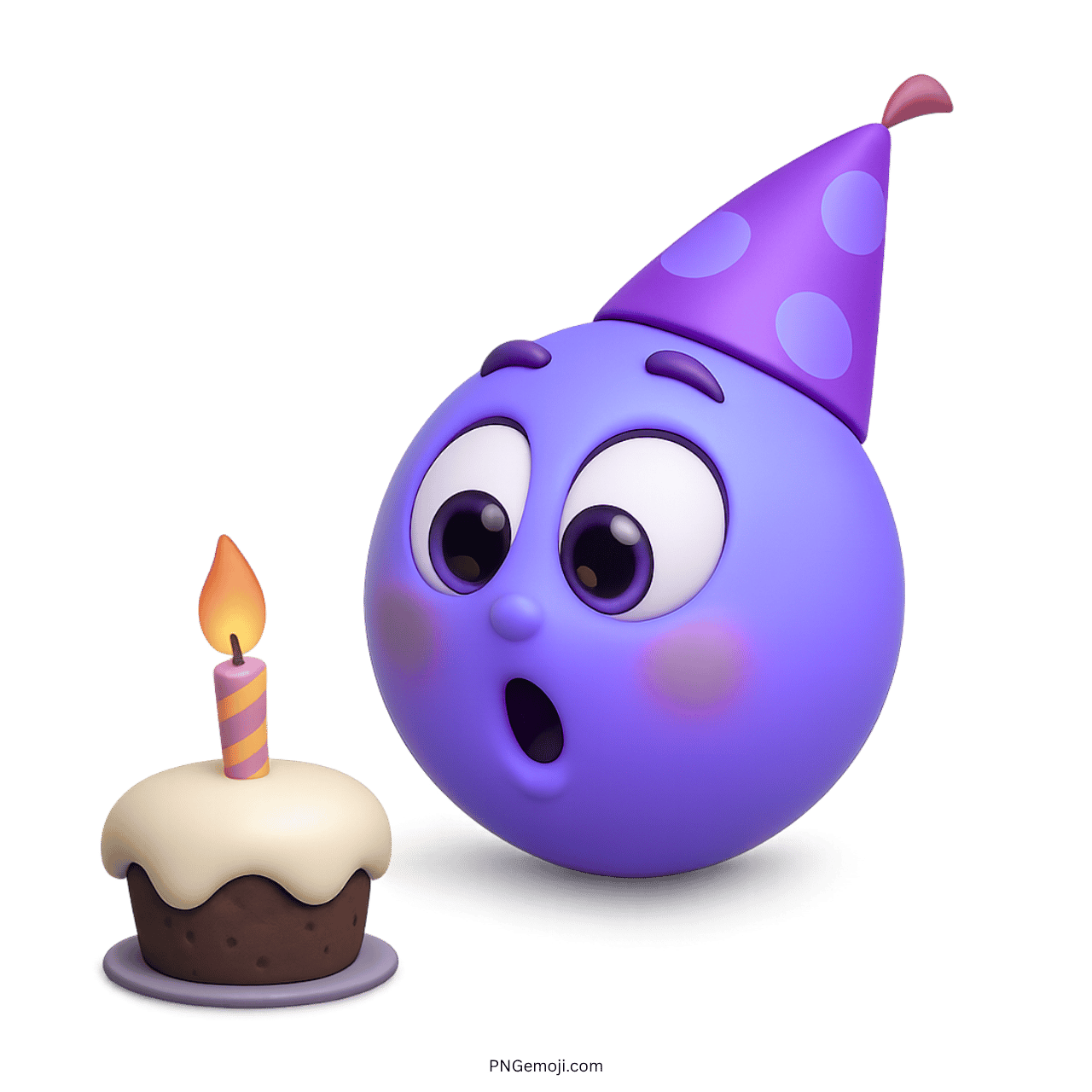 3D lavender birthday emoji with purple party hat, cupcake, and glowing candle