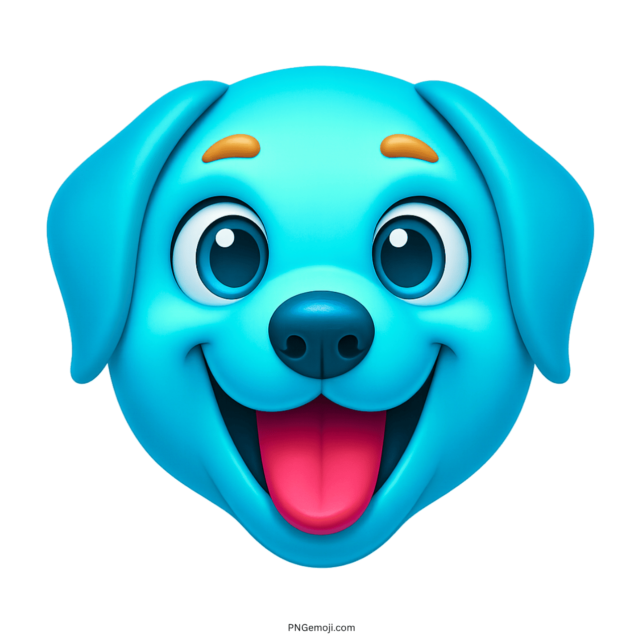 3D light blue cartoon dog emoji with happy expression, big eyes, and pink tongue