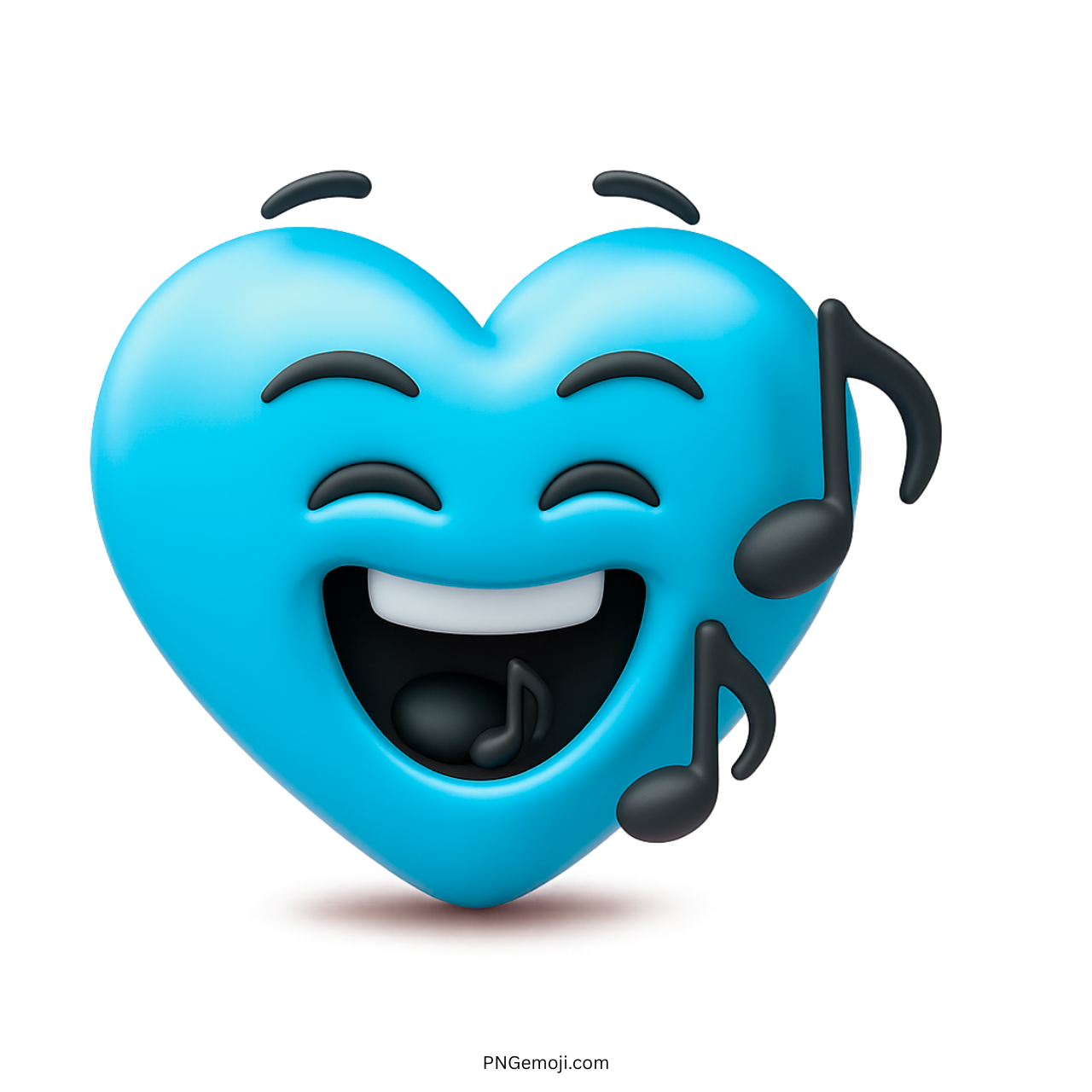 3D light blue heart emoji singing with black music notes and joyful smiling face