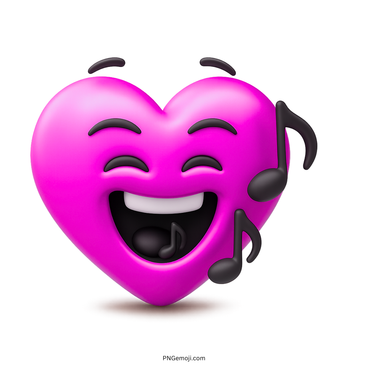3D pink heart emoji singing happily with black music notes and joyful face