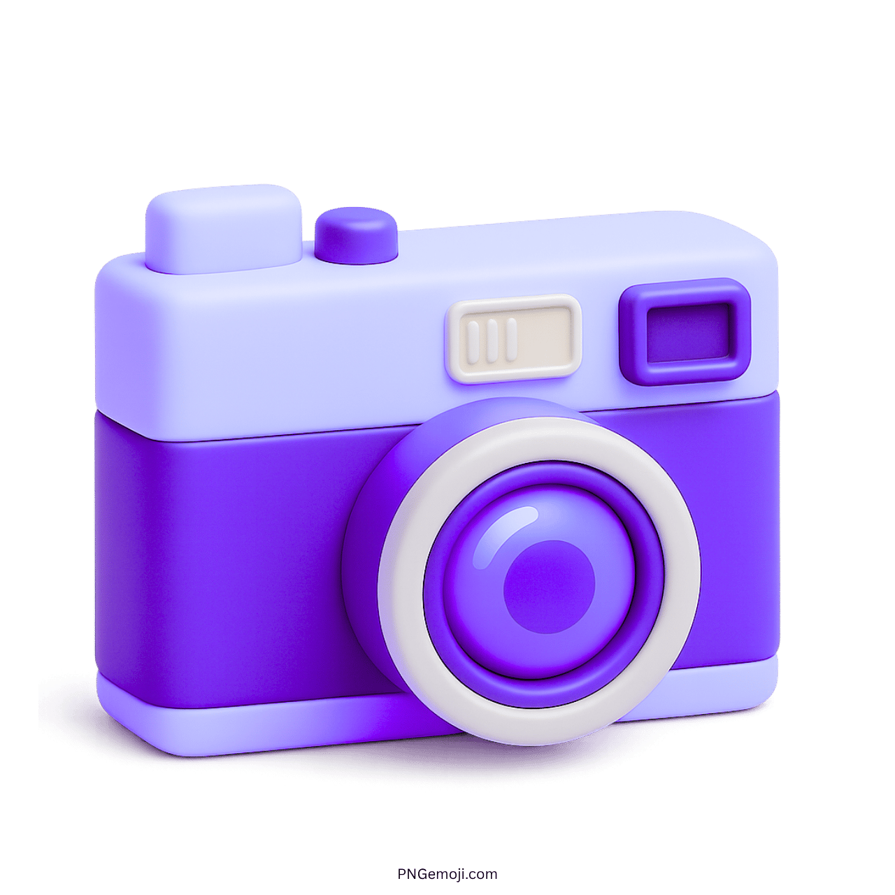 3D purple camera emoji icon with lens and buttons on transparent background