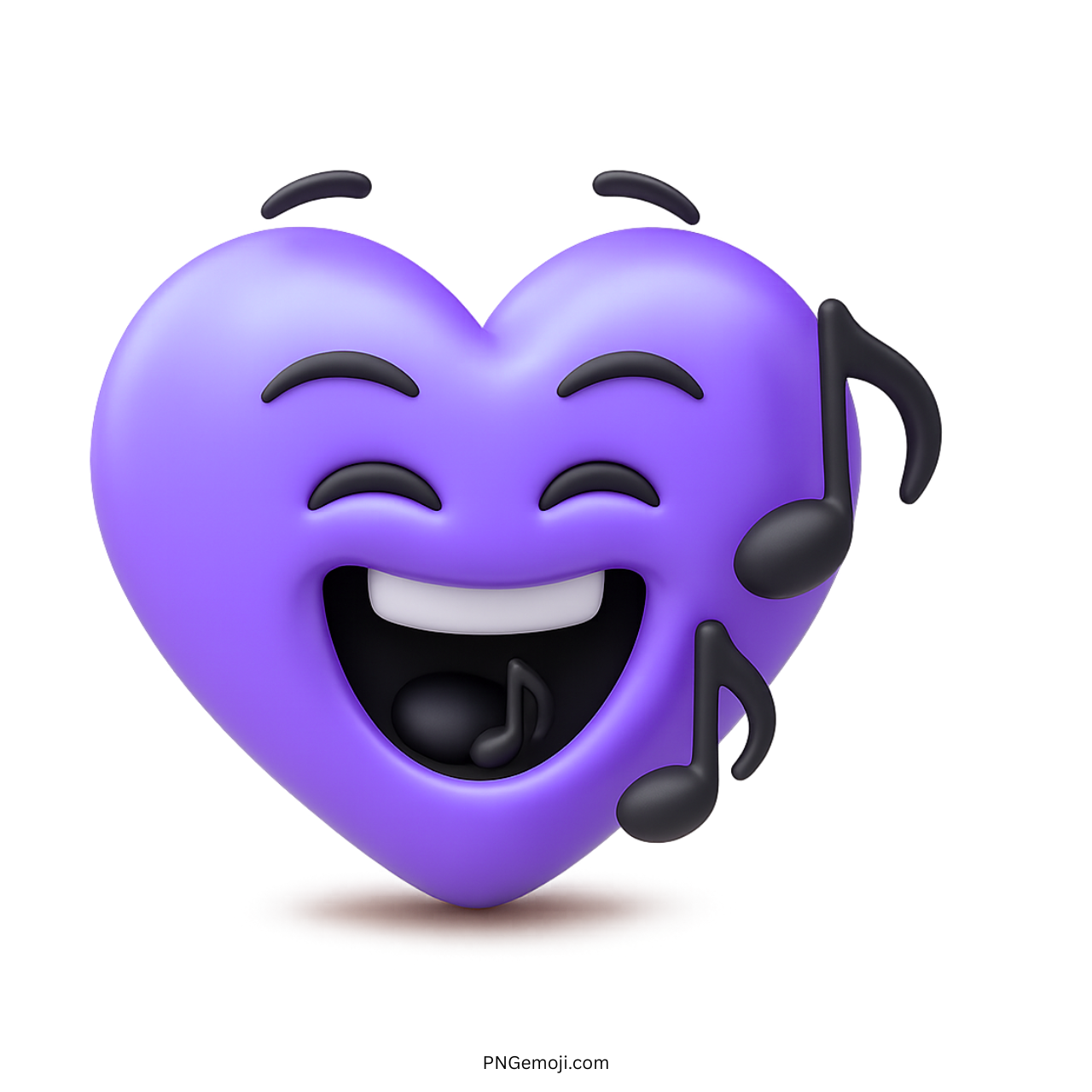 3D purple heart emoji with musical notes and happy singing facial expression