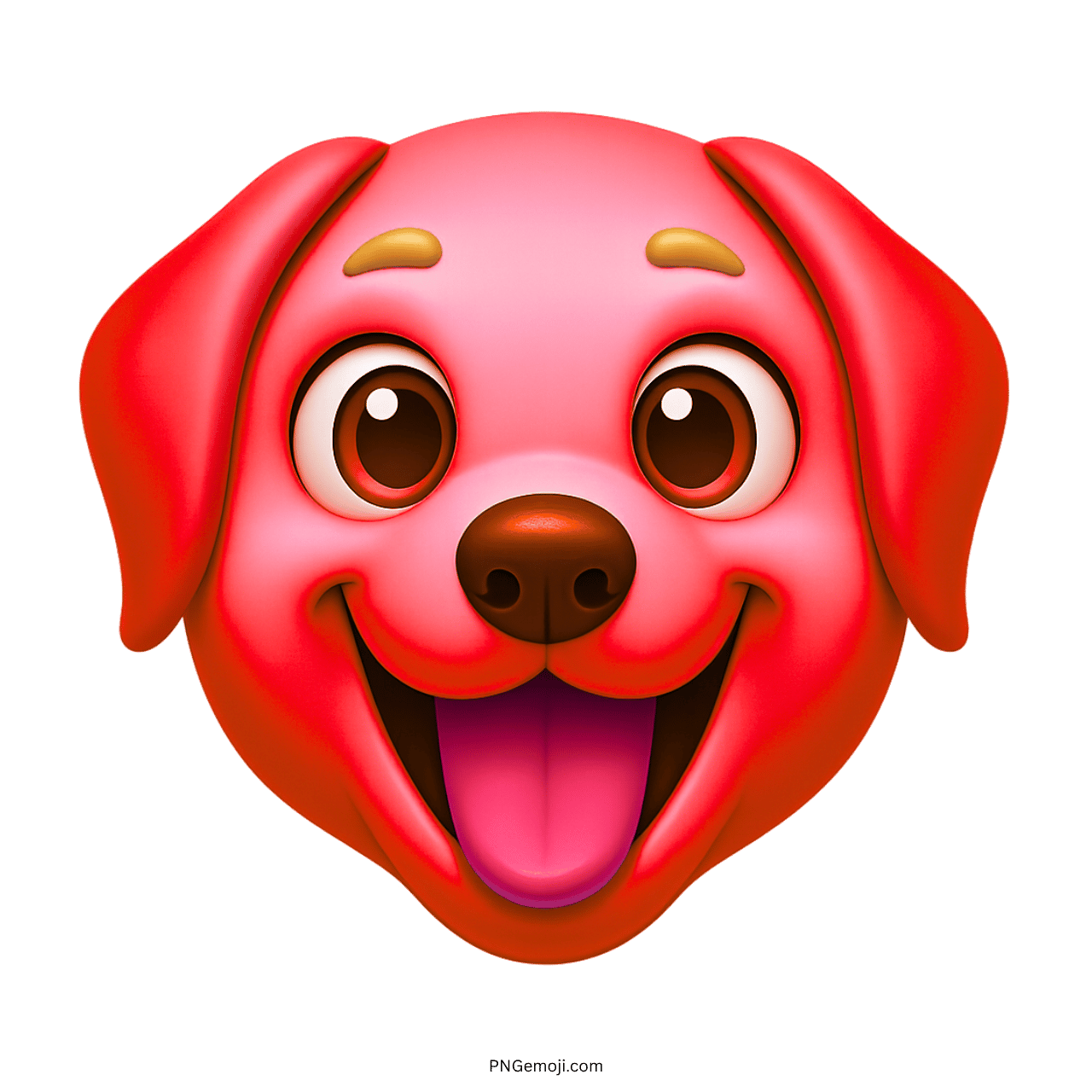 3D red cartoon dog emoji with big brown eyes, pink tongue, and happy face
