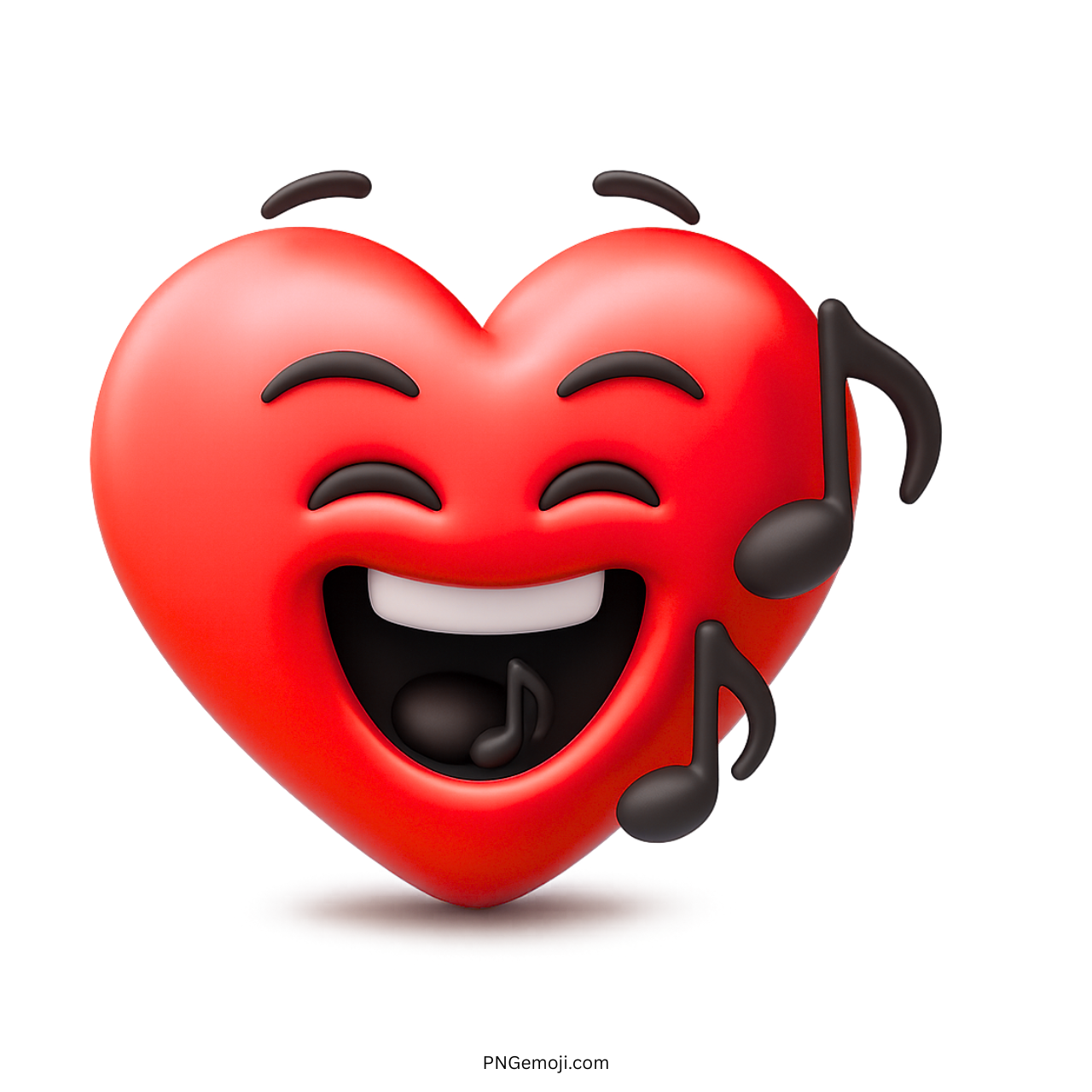 3D red heart emoji singing joyfully with musical notes and smiling face expression