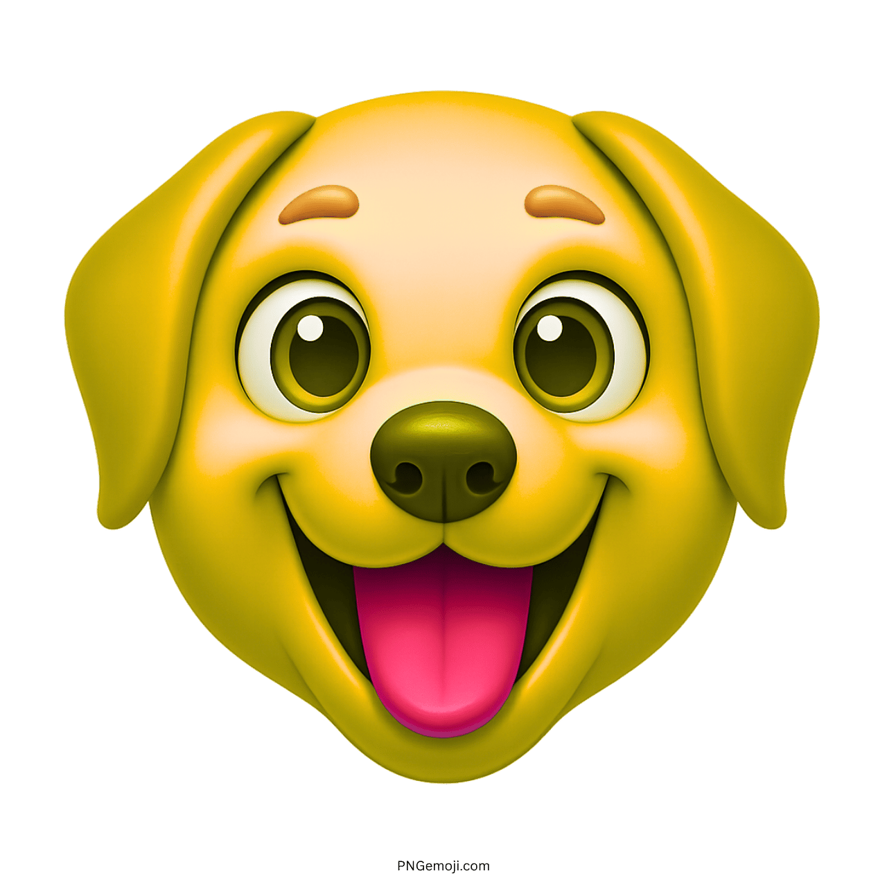 3D yellow cartoon dog emoji with big eyes, wide smile, and tongue out