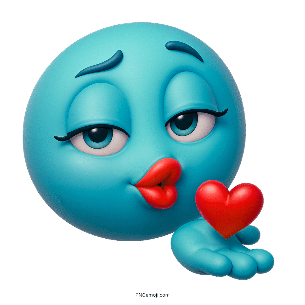 3D aqua emoji blowing kiss with red heart and playful flirty expression PNG