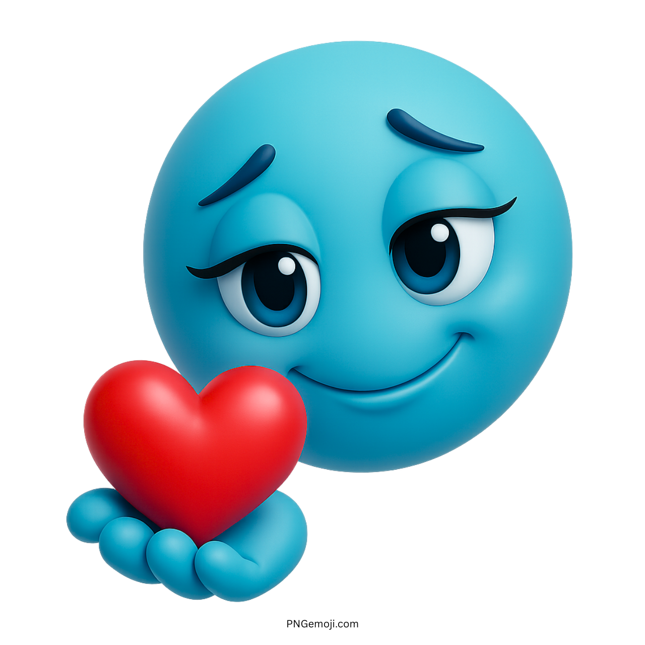 3D aqua blue emoji smiling and holding out a bright red love heart