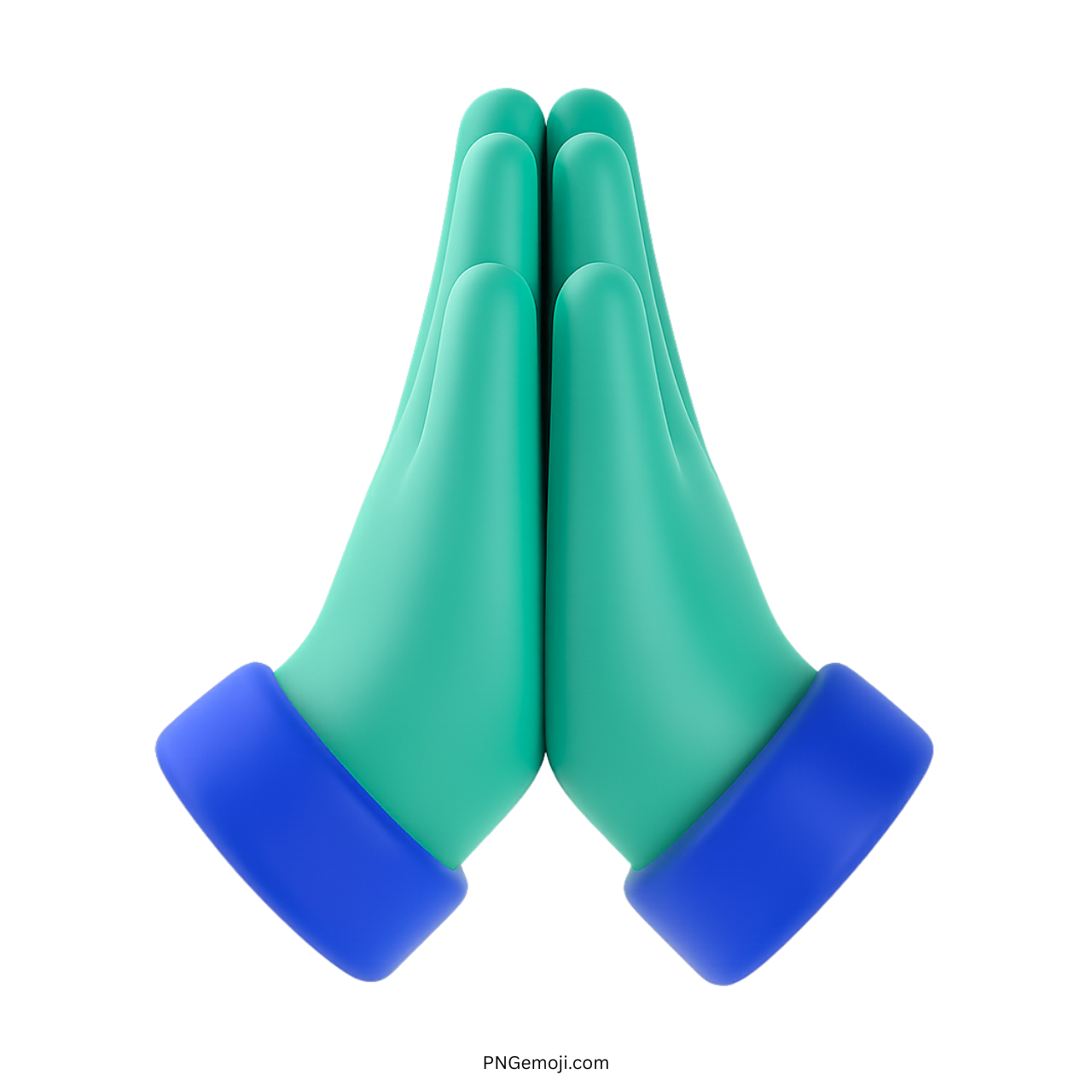 3D aqua green folded hands emoji with blue cuffs showing namaste or gratitude