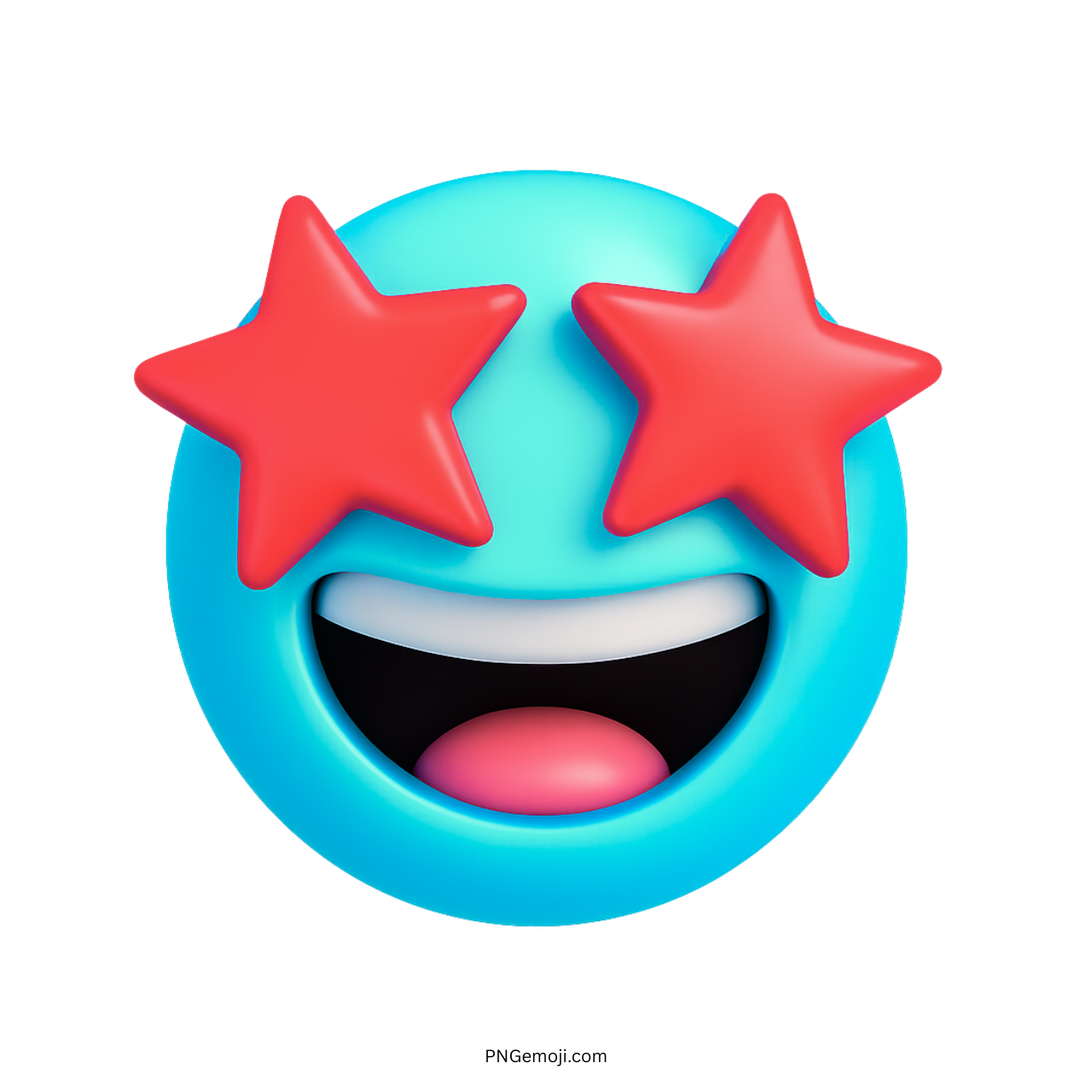 3D aqua blue emoji with red star eyes and smiling open mouth expression
