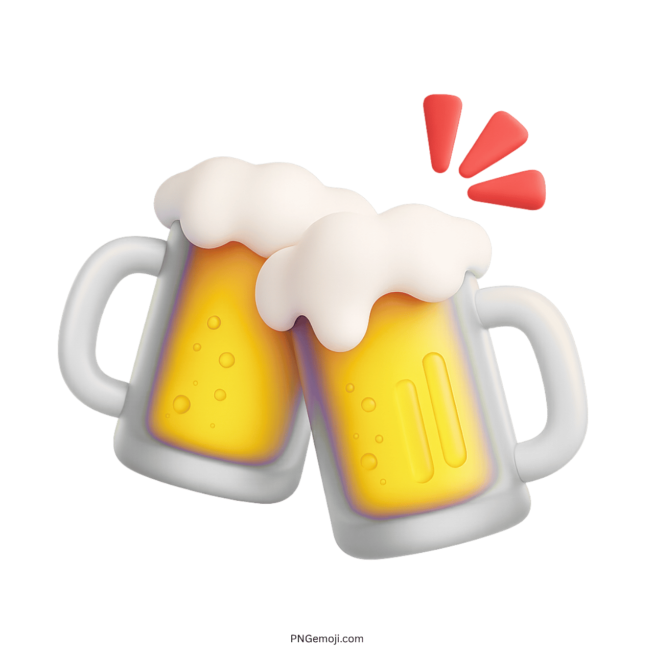 3D beer mugs clinking emoji with white handles and foam topping