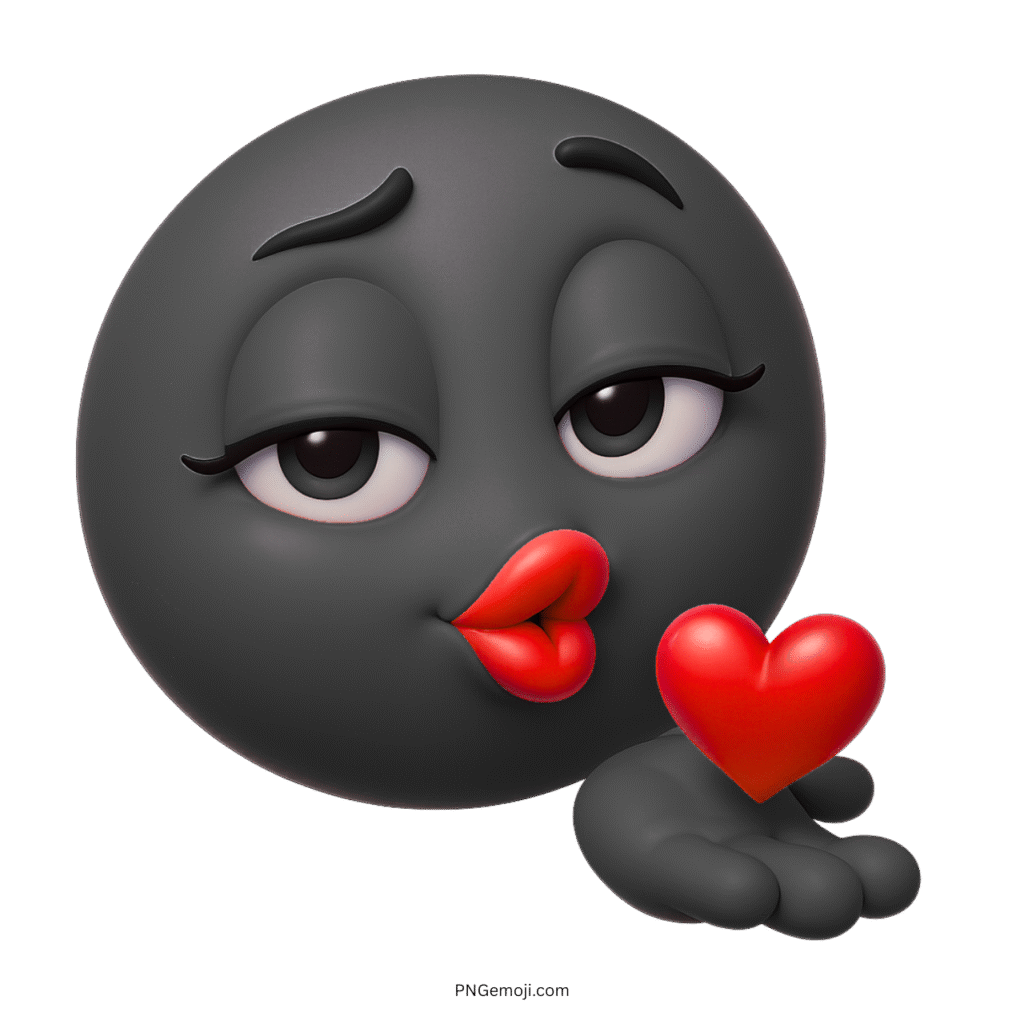 3D black emoji blowing kiss with red heart on transparent background