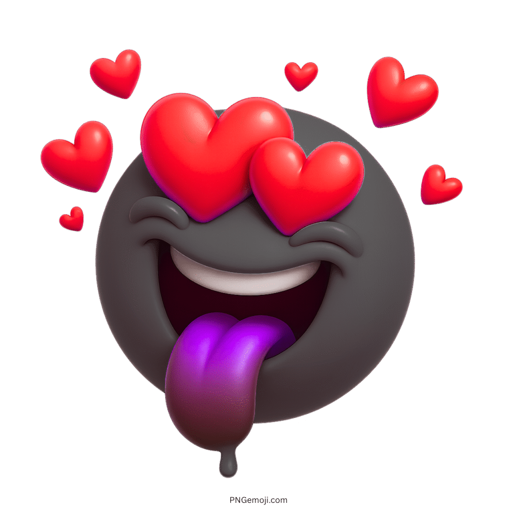 3D black crazy love emoji with heart eyes and purple tongue out