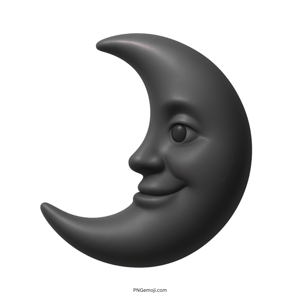 3D black crescent moon emoji with smooth texture and happy smiling face