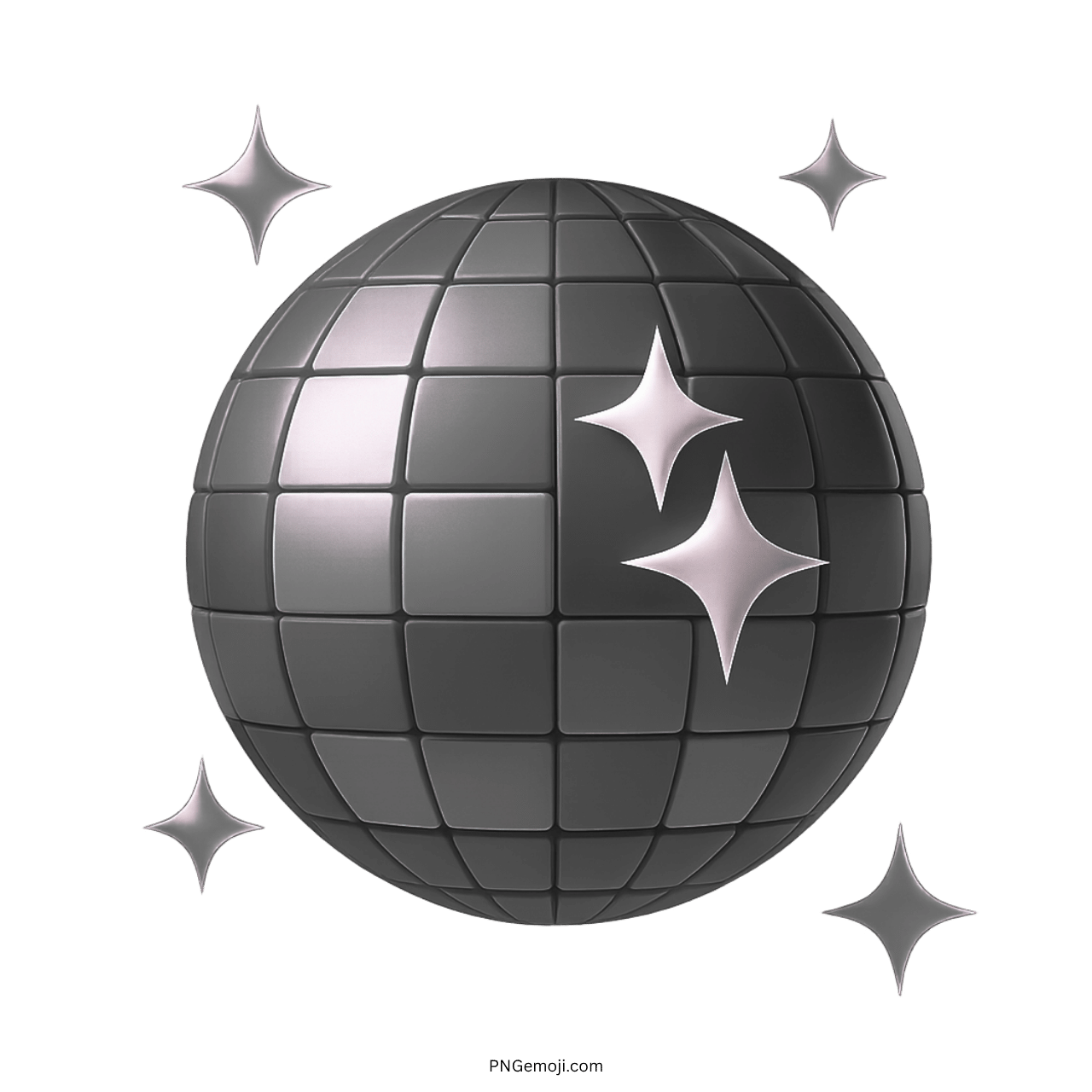 3D black disco ball emoji with glowing sparkles on transparent background
