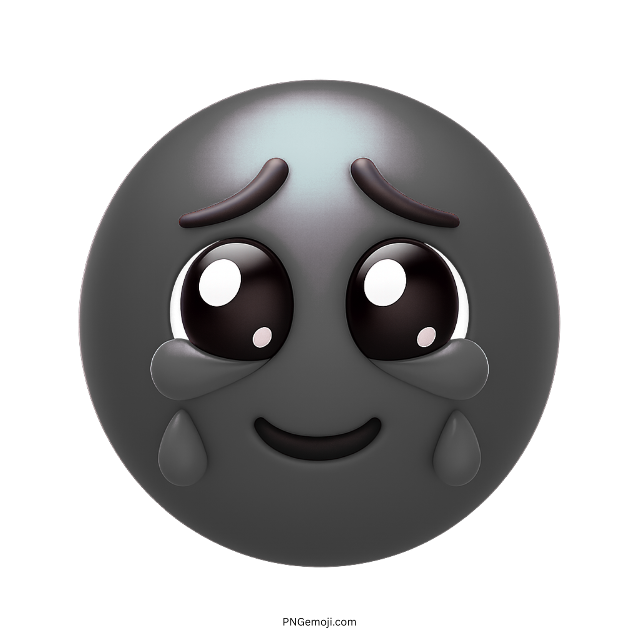 3D black emoji face holding back tears with dark emotional expression