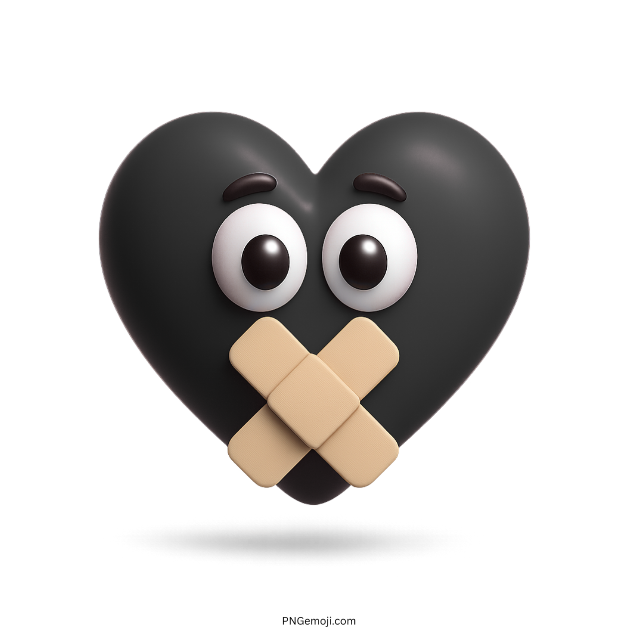 3D black heart emoji with big eyes and a bandaged mouth for silent emotions