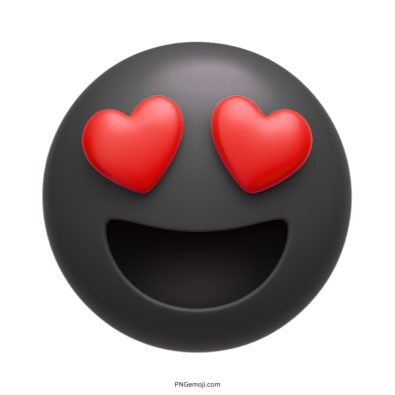 3D black heart eyes emoji with red hearts and happy face in PNG format