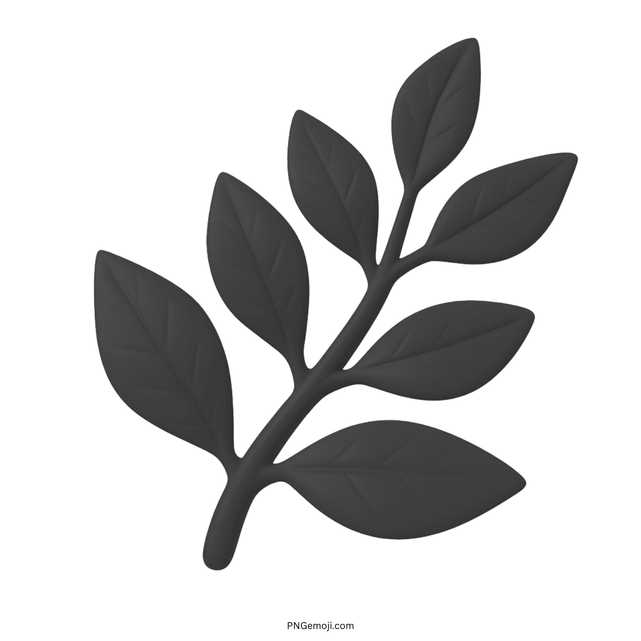 3D black herb emoji branch with nine detailed matte leaves and curved stem