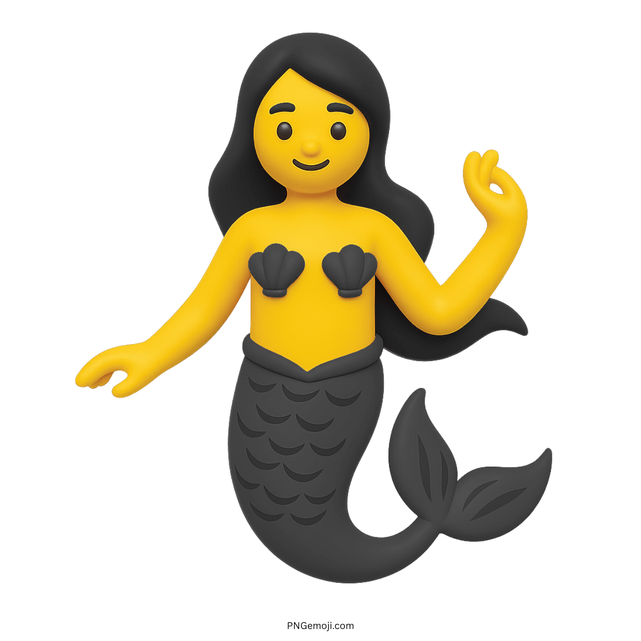 3D mermaid emoji with yellow body, black tail and hair on transparent background