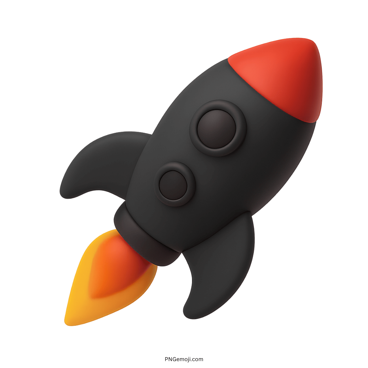 3D black rocket emoji with red nose and yellow-orange flame clipart