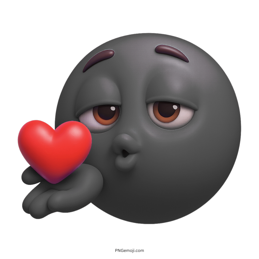 3D black smiley face blowing a kiss with a red heart in hand
