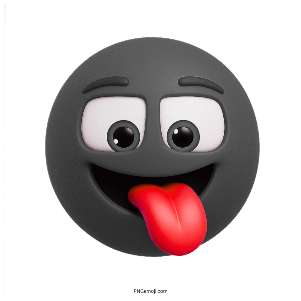 3D black emoji face with tongue out and silly wide-eyed expression