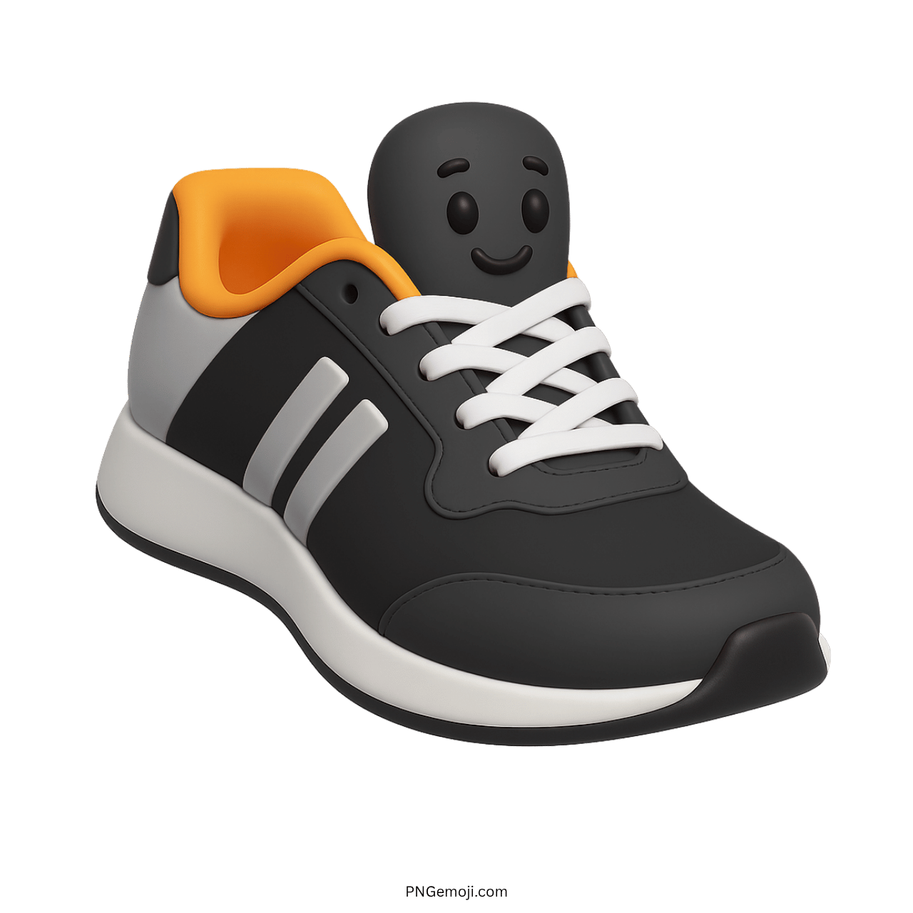 3D black sneaker emoji with white laces and smiling face on tongue