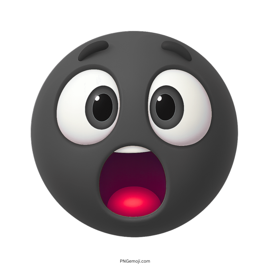 3D black surprised emoji face with wide eyes and open red-lit mouth
