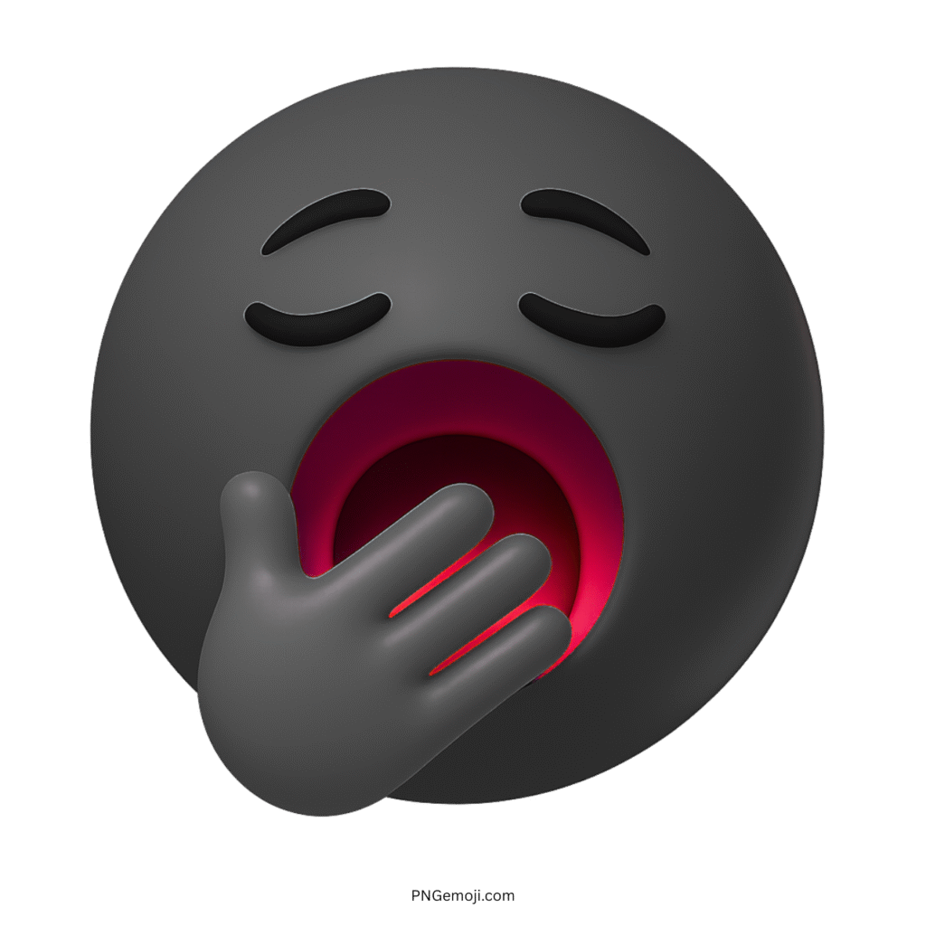 3D black yawning emoji with sleepy eyes and hand over open mouth