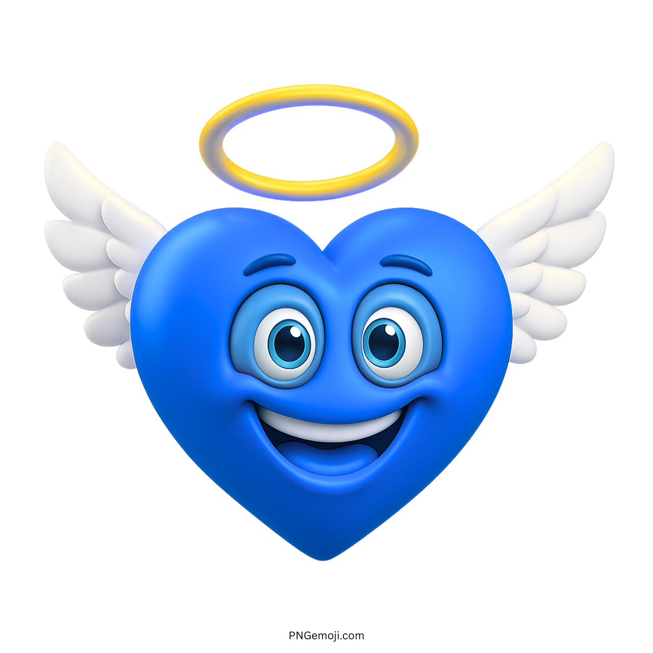 3D blue angel heart emoji with wings, yellow halo and a smiling face