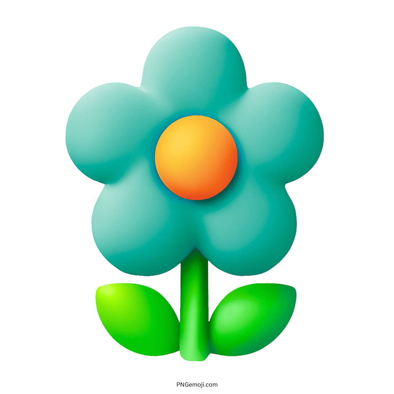 3D blue blossom flower emoji with orange center and green leaves on transparent background