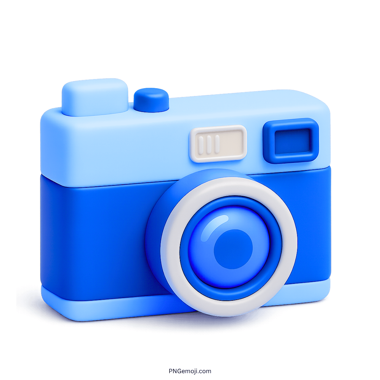 3D blue camera emoji with lens and buttons, cartoon-style on transparent background