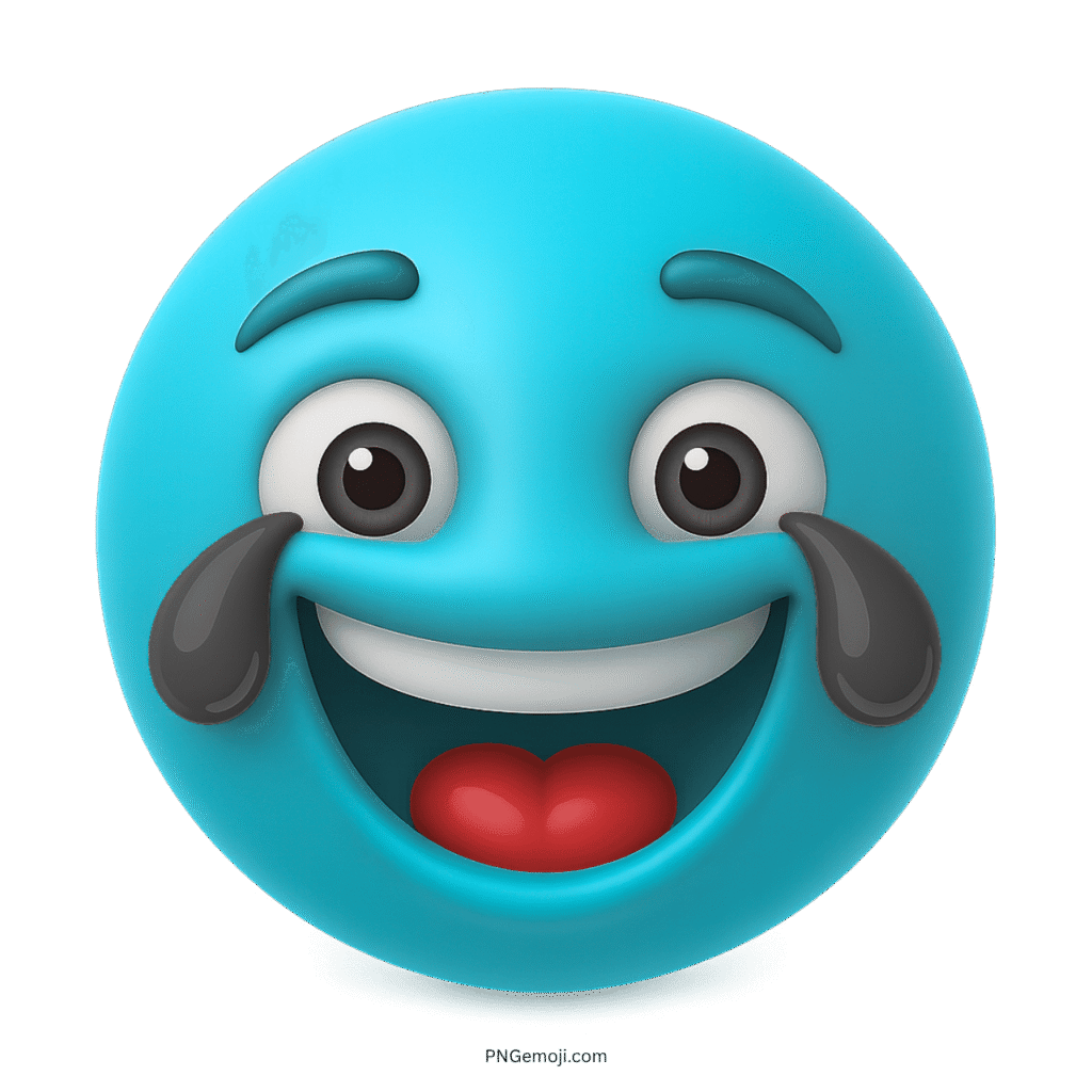 3D blue crying laughing emoji with tears and wide smile on transparent background