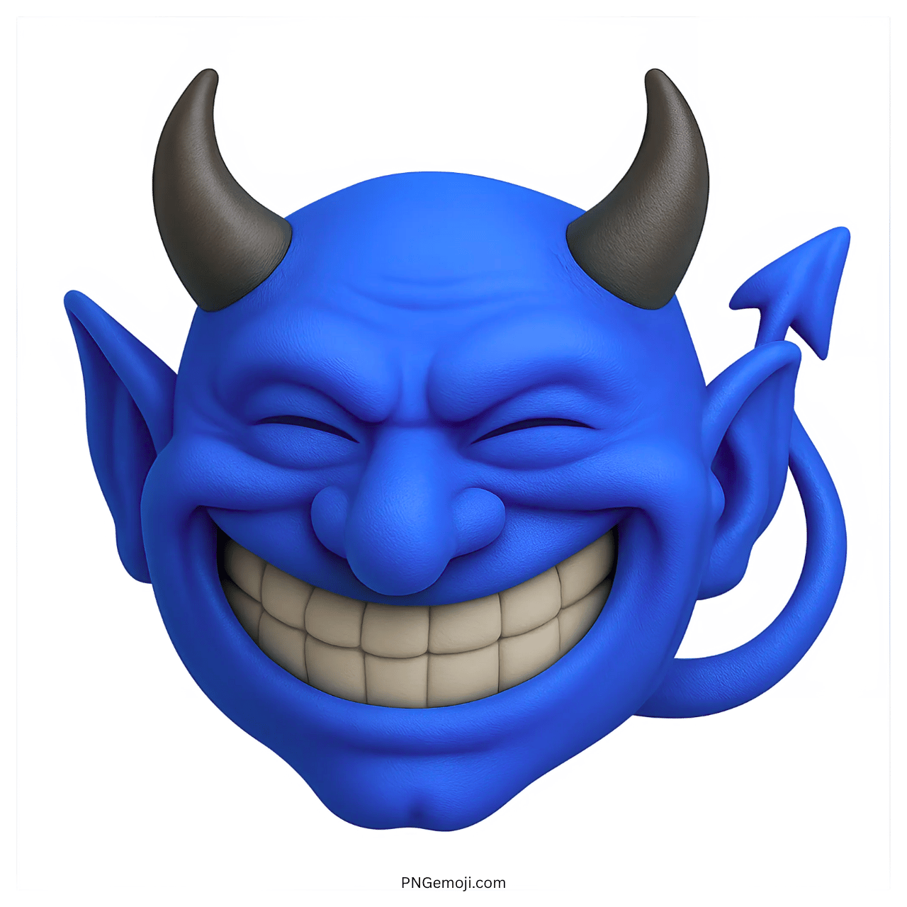 3D blue devil troll emoji with horns, big grin, mischievous face and pointed tail
